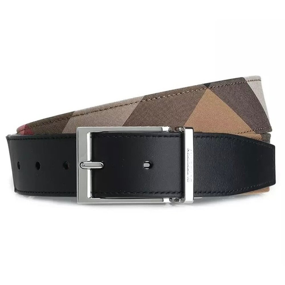 Burberry MB Louis35 Check Reversible Canvas Leather Belt Taupe Brown 85cm 808457